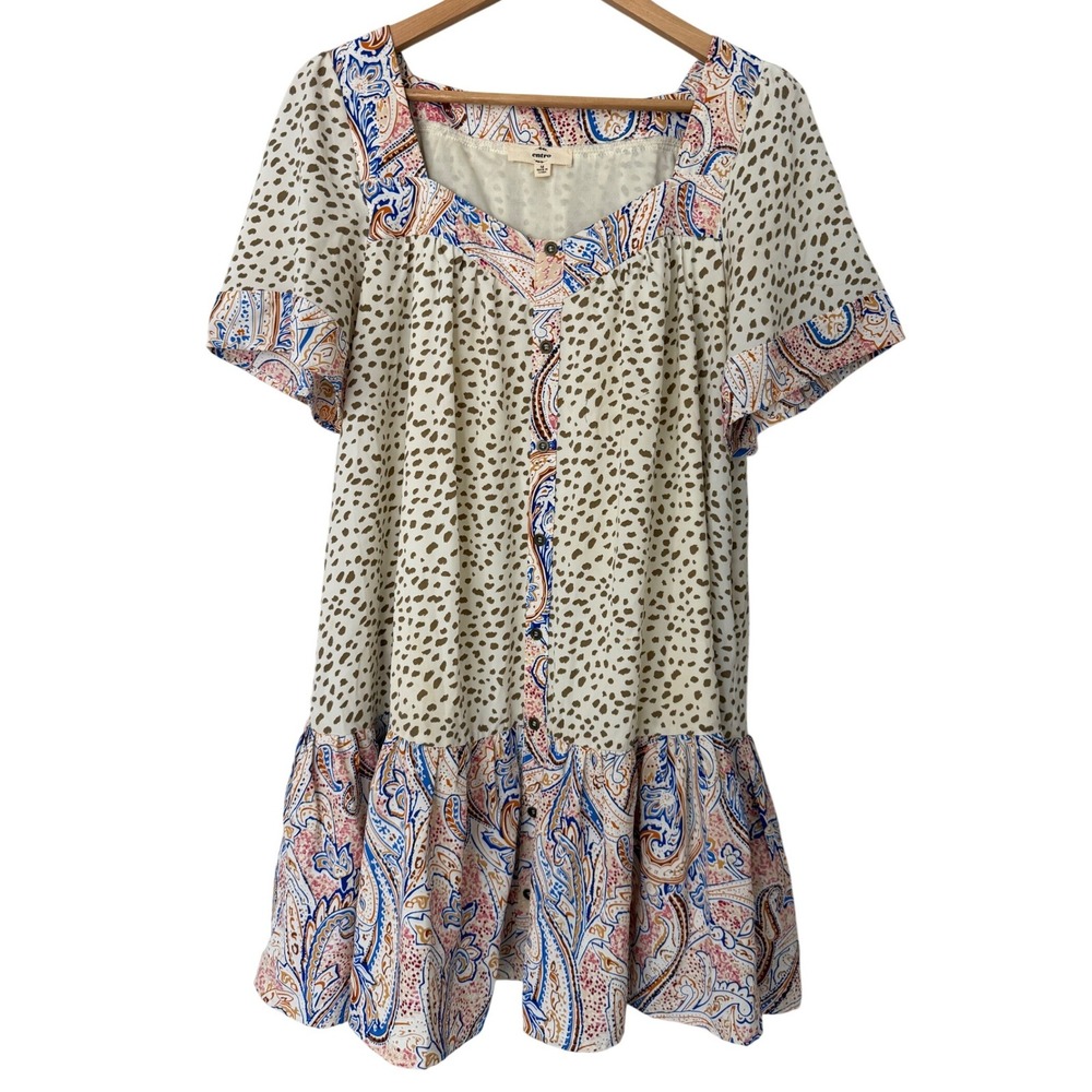 Entro Button Front Mixed Print Paisley Animal Print Babydoll Dress Cream Blue M